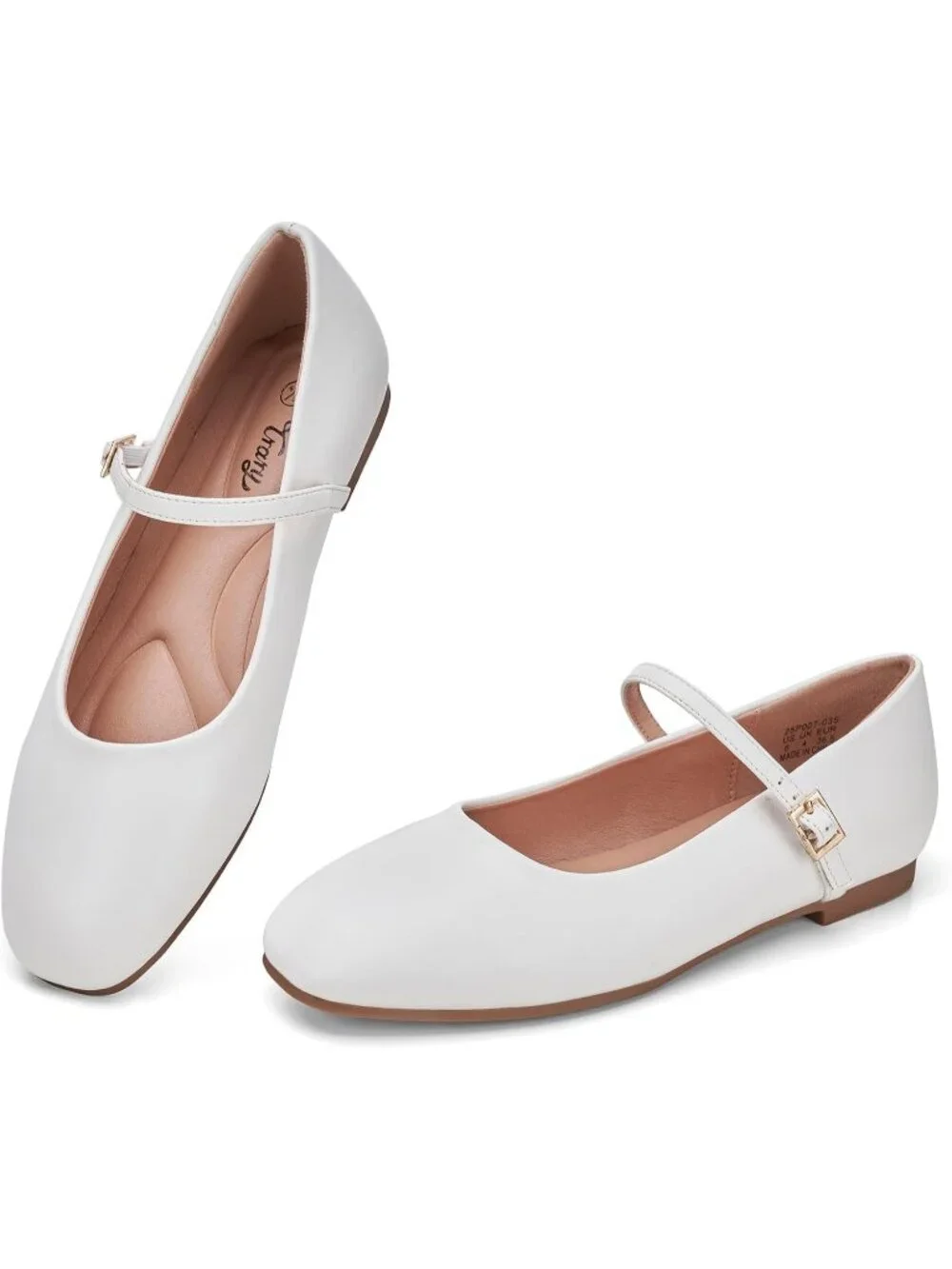 Women's White Square Toe With Adjustable Buckle Strap Ballet Flat Slip On Shoes